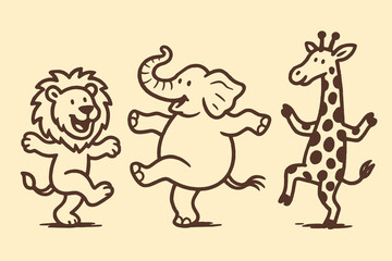 Dancing lion elephant and giraffe cartoon in playful hand drawn style © Victoria