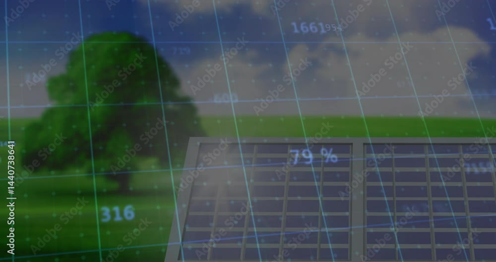 Poster solar panel array generating digital readouts in flat design over green field under cloudy blue sky