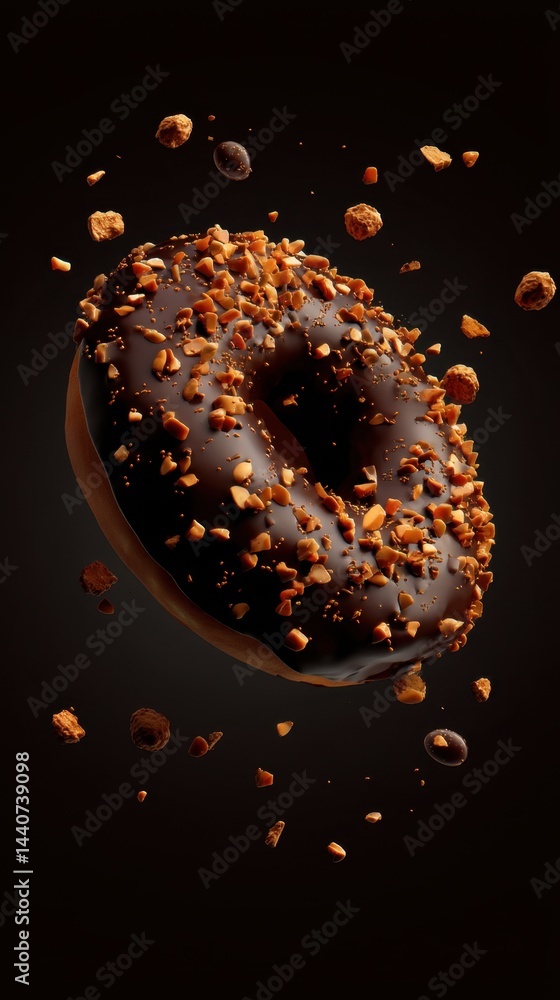 Poster delicious chocolate donut with nut sprinkles on a dark background creating a tempting and sweet trea