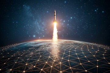 Rocket Launching From Earth Overlayed with Network in Space with Starry Sky