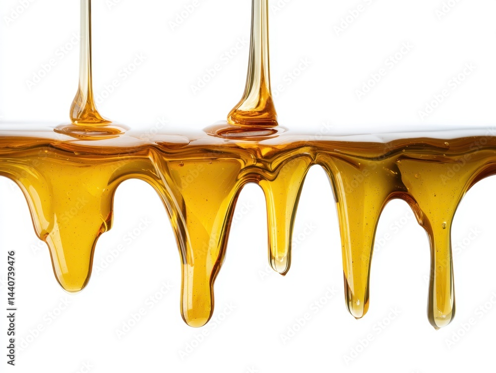 Poster golden honey dripping slowly creating a sweet and sticky texture on a white background capturing the