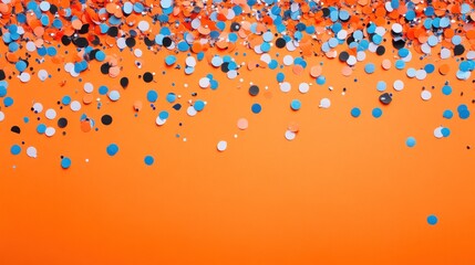 Colorful confetti scattered on orange background.