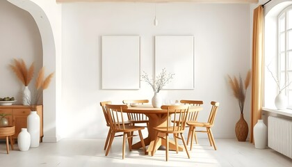 Fototapeta premium Cozy dining room setup with wooden furniture bright interior photography minimalist style warm atmosphere