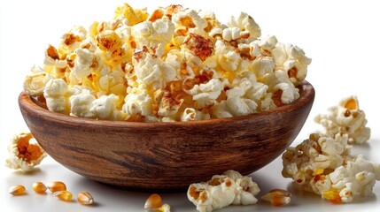 a large bowl of fresh popcorn with a few kernels scattered on a white isolated background, crunchy and fun design