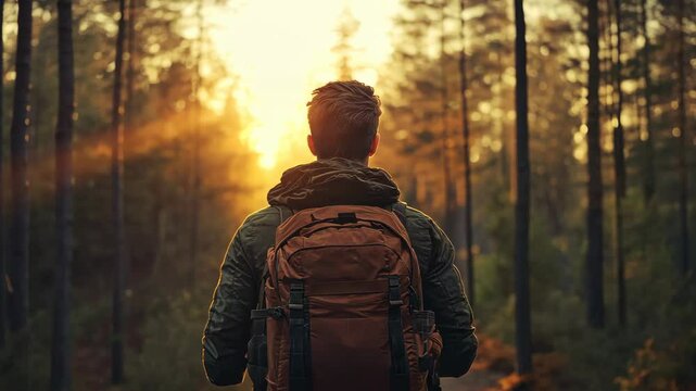 Sunrise adventure: backpacker journey through serene forest landscape