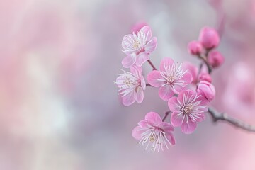 Obraz premium Delicate pink flowers bloom softly against a blurred pastel background in a serene garden setting, Delicate pink flowers with soft, blurred background Perfect for spring or floral designs