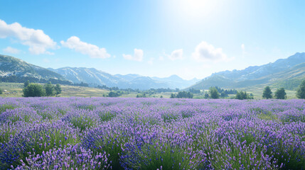 Lavender field stretches across a valley under a clear sky