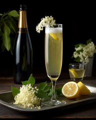 Sparkling elderflower cocktail, bottle, garnish, lemon, black background.  Fresh, elegant, celebratory vibe