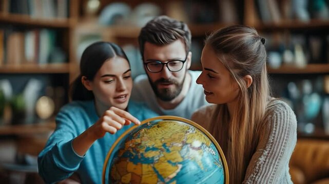 Happy young couple looking at a globe while planning a future trip, joyful moment of travel planning in cozy agency or home interior, concept of adventure, love and shared dreams