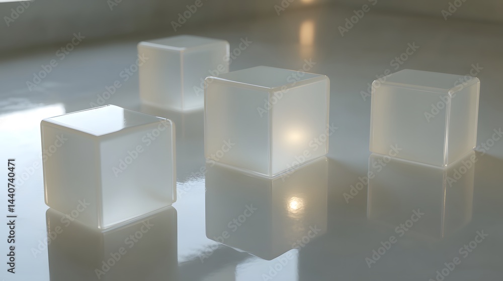 Poster four translucent cubes sit on a reflective surface, illuminated from within, casting soft light and 