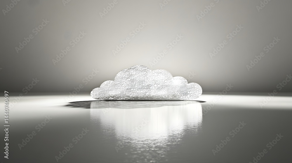 Poster a minimalist 3d render of a cloud shape, appearing to be made of interconnected small spheres. it si