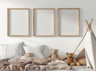 Gallery wall consists of three posters in mockup style hanging from the wall in the nursery.