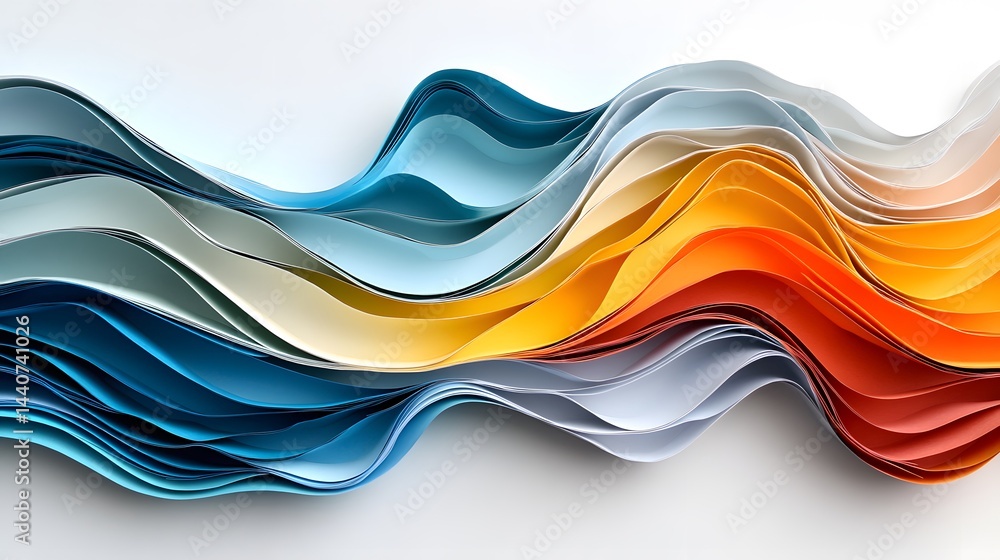 Poster abstract colorful wave pattern formed by layered paper. vibrant blues, oranges, and neutrals create 