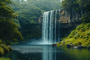 Fototapeta premium Majestic waterfall cascading into a serene pool in Australian wilderness at dawn, Wildlife conservation in Tasmania Australia Nature landscape