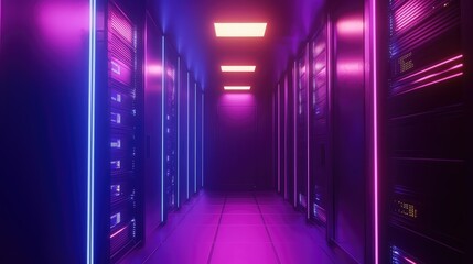Fototapeta premium Futuristic data center corridor with glowing neon purple and pink lights, ideal for technology, innovation, cybersecurity, cloud computing, and digital network visuals