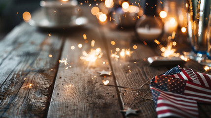 Sparklers and american flag on rustic wood table with bokeh lights in the background scene setup