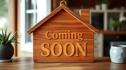 a wooden sign with coming soon placed on a kitchen countertop