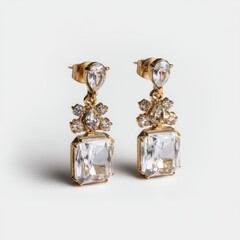 Elegant gold earrings with clear gemstone accents on a bright white background showcasing jewelry design and craftsmanship for fashion accessories promotion