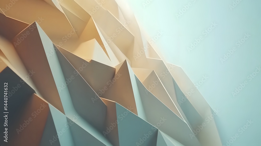 Poster abstract 3d rendering of a low-poly, geometric landscape. soft, pastel colors create a serene and mo