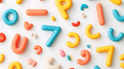 Fototapeta premium Colorful 3D letters and numbers scattered on a white background. Playful and fun, ideal for educational or children's themes. Bright, bold colors and unique shapes.