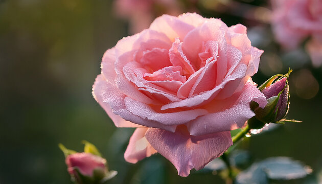 dew kissed pink roses in bloom