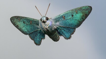 A vibrant, iridescent green moth with intricate wing details, captured in mid-flight against a soft, blurred background. Its unique coloration and delicate features are strikingly showcased.