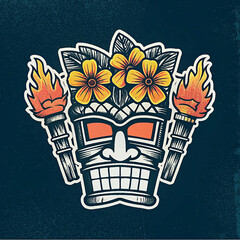 Vintage Tiki Mask with Flowers and Torches Illustration