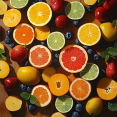Fototapeta premium Colorful mix of sliced citrus fruits, berries, and peaches on a wooden table