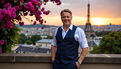 A man with short blonde hair, wearing a white shirt, blue vest, and blue pants, stands smiling in front of the Eiffel Tower during sunset, surrounded by pink flowers and trees.