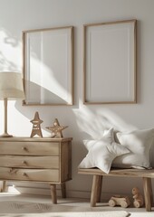 Gallery wall consists of three posters in mockup style hanging from the wall in the nursery.