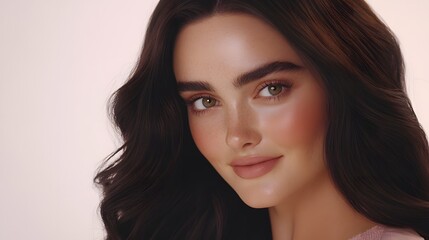 Fototapeta premium Close-up portrait of a young woman with long, wavy brown hair and subtle makeup. She has a soft smile and captivating green eyes. The image is softly lit against a light background.