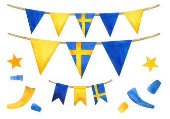 Water color collection of festive garland, flag of Sweden and party confetti. Blue, yellow and white colours. Handdrawn watercolour graphic painting, cut out clip art elements for design decoration.