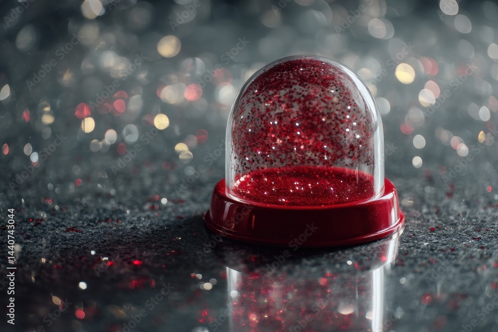 Poster captivating close up of a red glitter snow globe against a bokeh background creating a magical and f