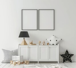 Gallery wall consists of three posters in mockup style hanging from the wall in the nursery.