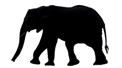 Obraz premium Silhouette of an African elephant walking against a white background. The image is stark and graphic, showcasing the elephant's powerful form.