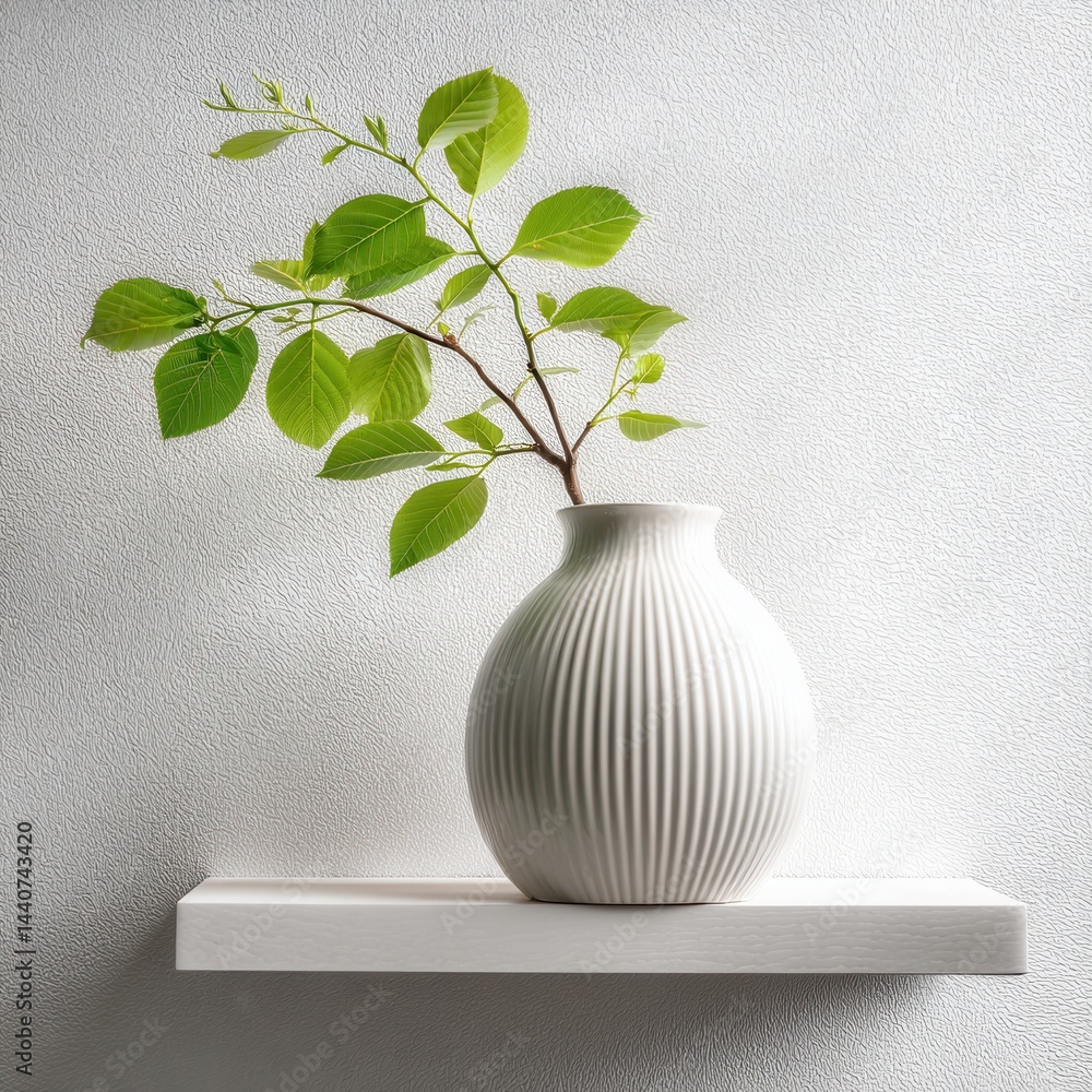 Poster serene composition of fresh green leaves in a white vase on a shelf against a textured white wall cr
