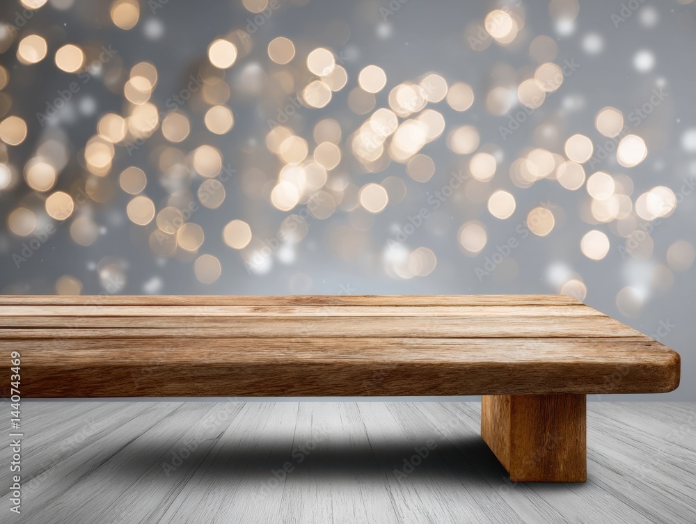Poster rustic wooden table surface with bokeh lights background perfect for product display and holiday fes