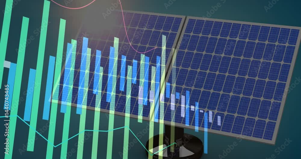 Poster Solar panels displaying fluctuating metrics, showing bar charts and curved line in flat design