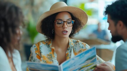Smiling African American female travel agent in a summer hat and tropical shirt showing a travel brochure to clients, symbolizing personalized vacation planning and friendly service at a travel agency