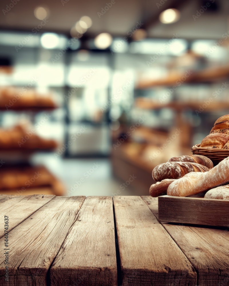 Poster rustic bakery display with fresh bread on wooden table evoking warmth and artisan craftsmanship capt