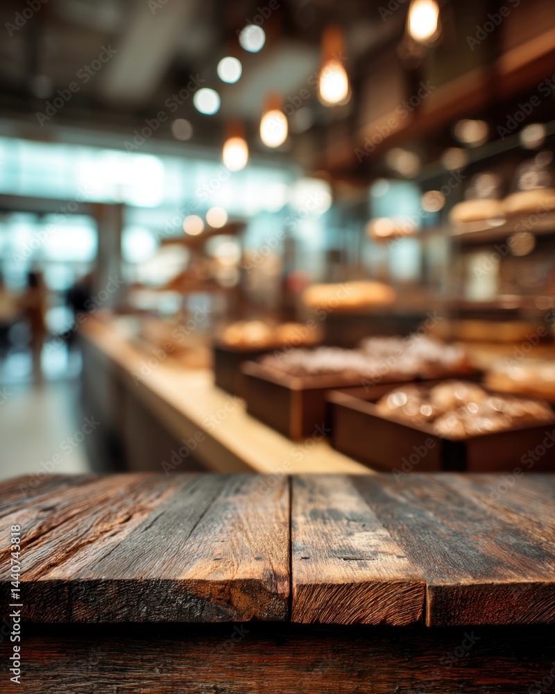 Poster rustic wooden tabletop in cozy bakery setting with blurred background and warm lighting for product 