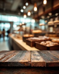 Rustic Wooden Tabletop in Cozy Bakery Setting with Blurred Background and Warm Lighting for Product Display and Food Photography with Copy Space