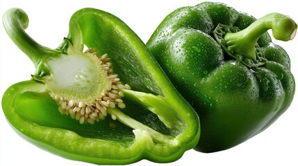 a fresh green bell pepper sliced in half with seeds visible on a white isolated background, healthy and crisp design