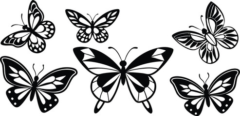 Collection of Black Butterfly Silhouettes with Ornamental Wing Designs