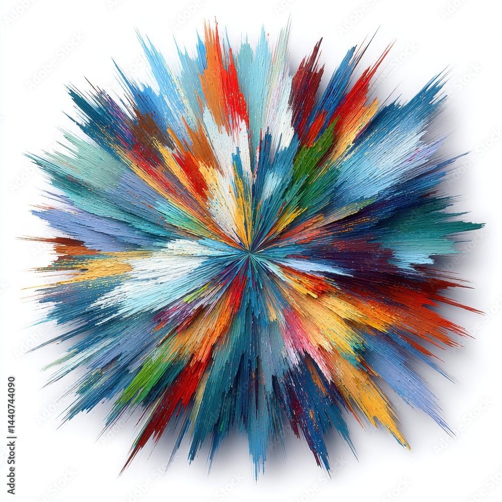 Poster vibrant explosion of color abstract art in radial design with dynamic brushstrokes on white backgrou