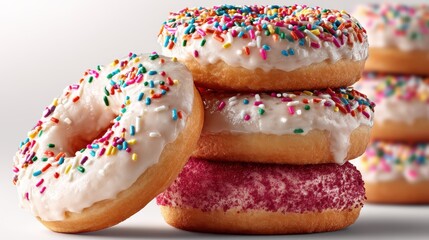 a stack of colorful donuts with icing and sprinkles on a white isolated background, sweet and playful design