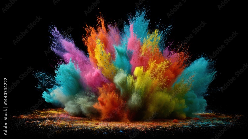 Poster vibrant explosion of colorful powder against a dark backdrop creating a dynamic and captivating visu