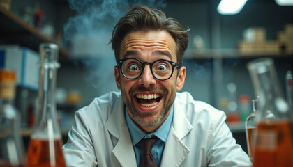 A man in a lab coat, wearing glasses, and smiling with excitement in a laboratory surrounded by chemical equipment.