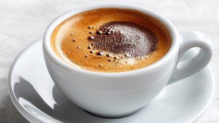a close-up of a cup of hot espresso with crema on a white isolated background, bold and flavorful design