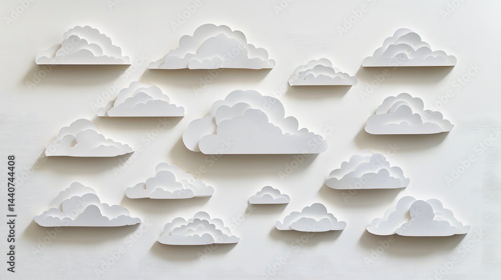 Poster white paper clouds of varying sizes arranged on a white background. a minimalist and calming image p
